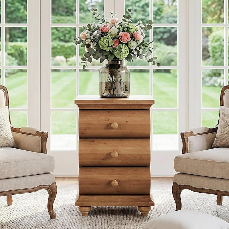 Solid Wood End Table, 3 Drawers Narrow Sofa Side Table with Finished Back