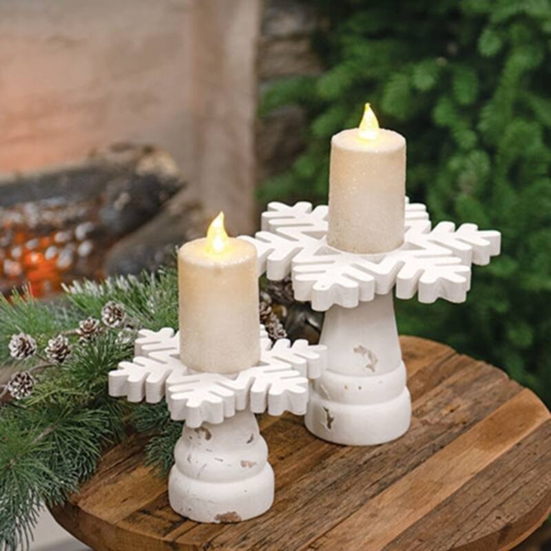 Distressed Wood Snowflake Candle Holder Pedestal for Christmas Centerpiece and Mantel Display