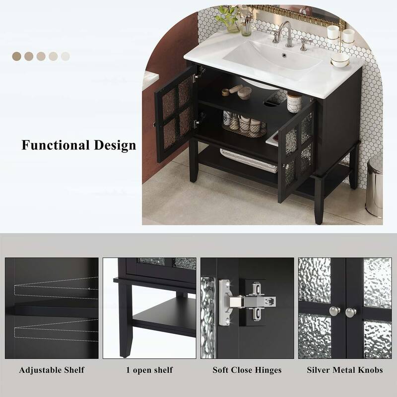 36 Inch Bathroom Vanity with Ceramic Sink,Adjustable and Open Shelves,Wood Legs