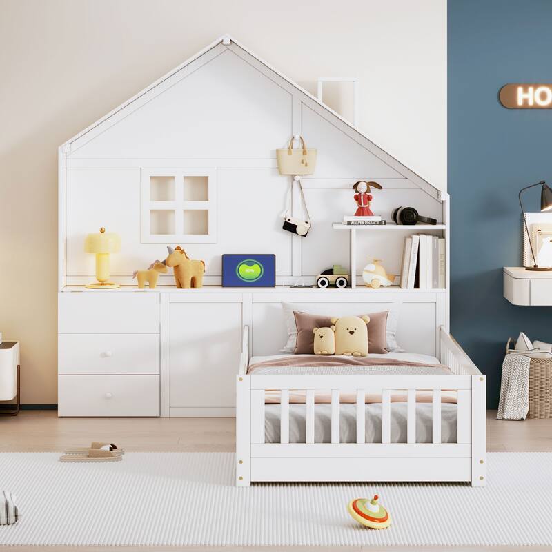 Twin Size House Platform Bed with Shelves, USB Port, and Drawers, White