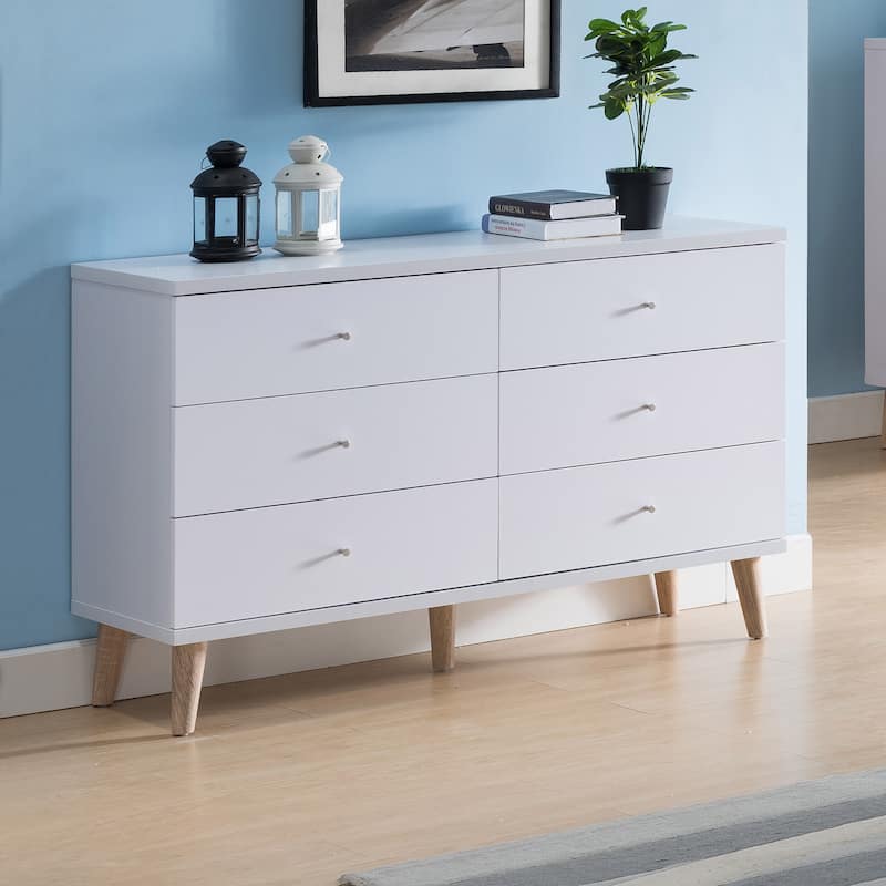 DH BASIC Mid-Century Modern White 47-inch Wide 6-Drawer Dresser with Knobs by Denhour