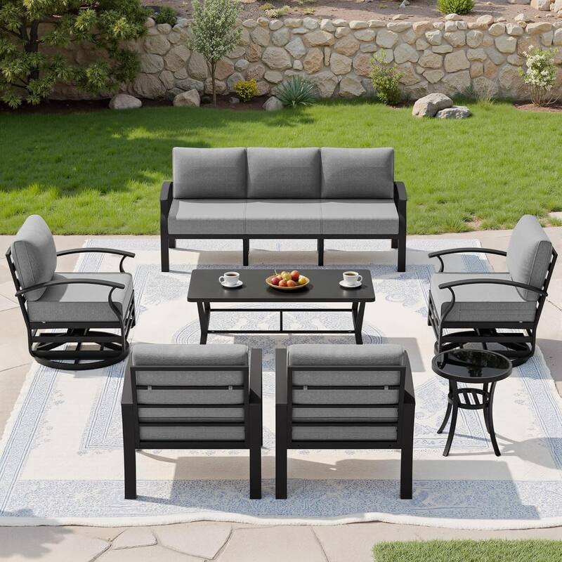 Kullavik Aluminum Outdoor Patio Sectional Sofa Set with Swivel Rocking Chairs and Coffee Table - Grey - 7-Seats-Rectangular Table