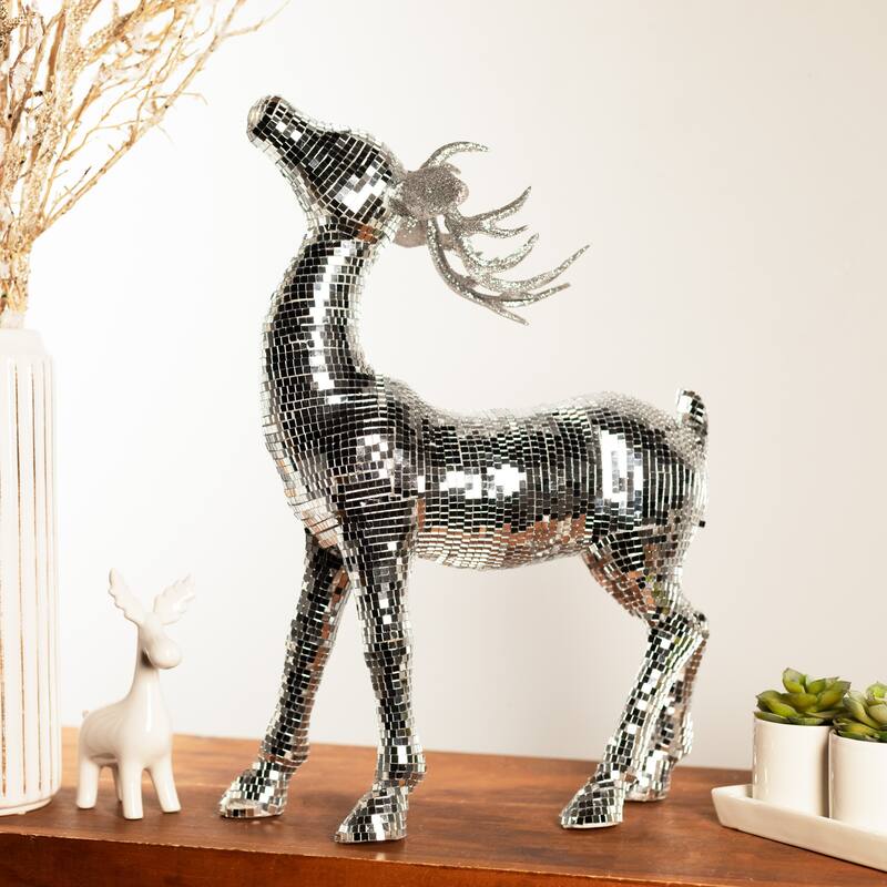 Mirrored and Glittered Standing Deer Christmas Figure - 19" - Silver