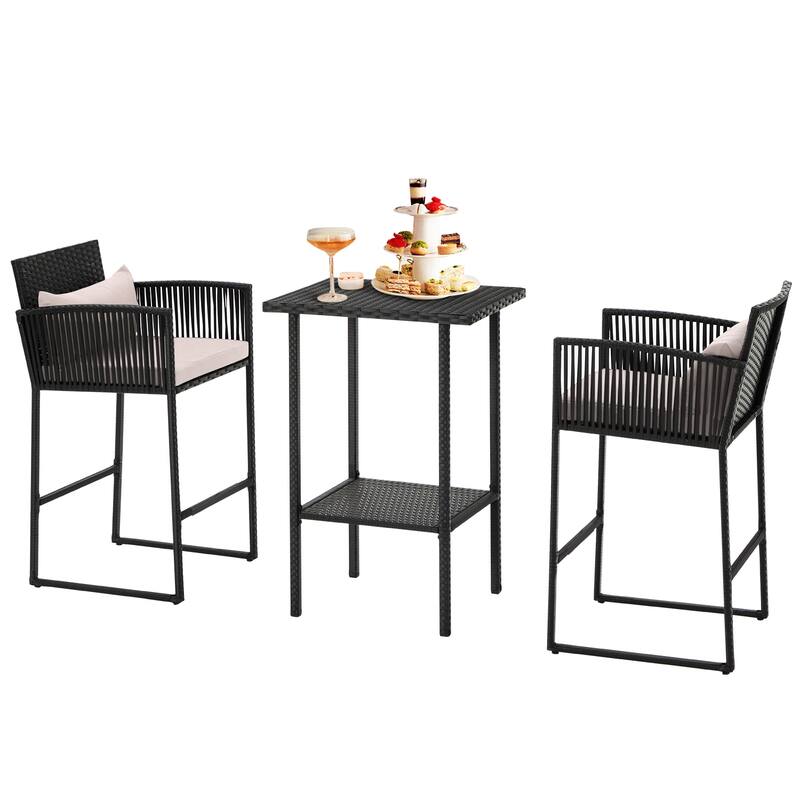 AVAWING 3PCS Patio Wicker Bar Set with Extra Cushion Cover