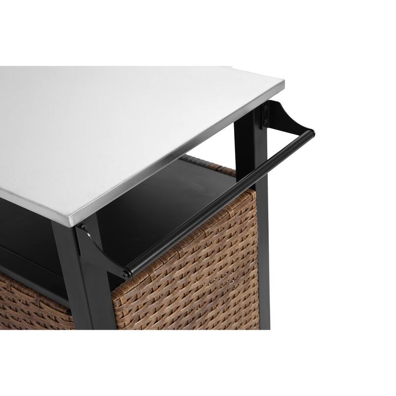 Outdoor Wicker Kitchen Island Storage Cart, Stainless Steel Extended Table Top Rolling Single Door Bar Cart, BBQ Preparation Car