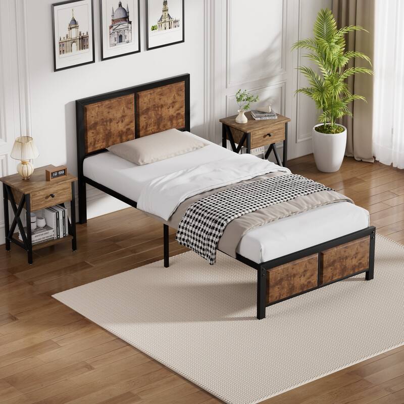 VECELO 3-Pieces Bedroom Sets, Platform Bed with Headboard and Set of 2 Nightstands
