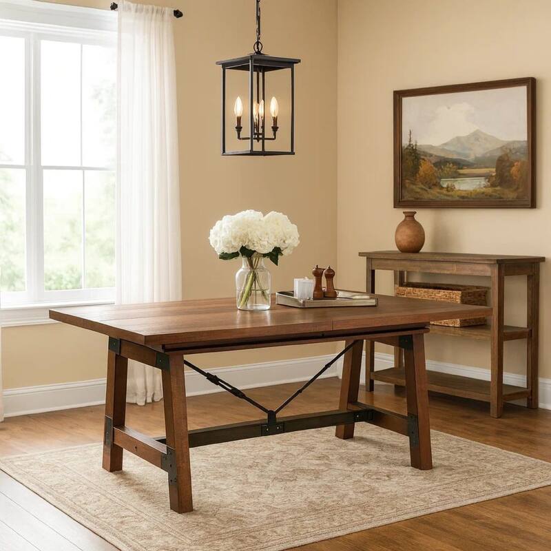 Wooden Dining Table with Extendable Leaf and Block Legs, Brown