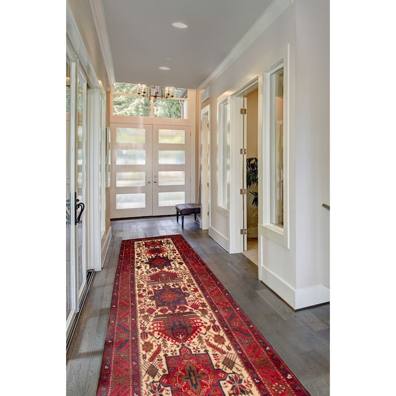ECARPETGALLERY Hand-knotted Sarabi Cream, Red Wool Rug - 3'2 x 14'5