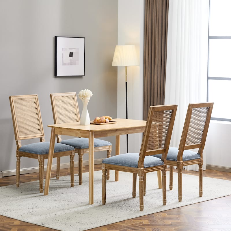 [Set of 4] French Country Dining Chairs - Elegant Cane Backrest & Upholstered Seats with Fluted Legs- Solid Rubberwood Frame