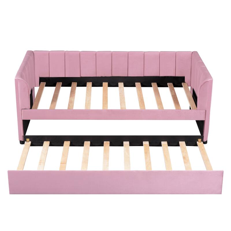 Twin Size Daybed Velvet Upholstered Sofa Bed with Trundle, Wood Platform Slat Support Bed Frame, Striped Tufted Backrest