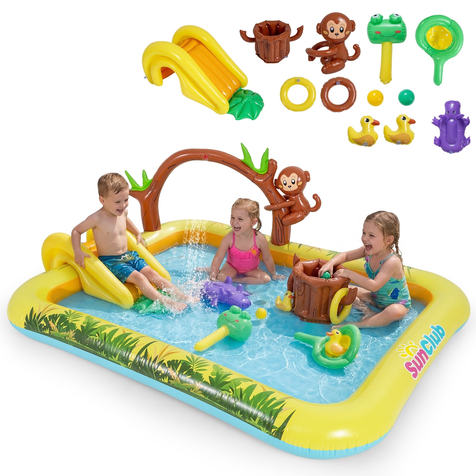 Gymax Inflatable Play Pool Center w/Water Slide Monkey & Tree Stump - Multi-colored