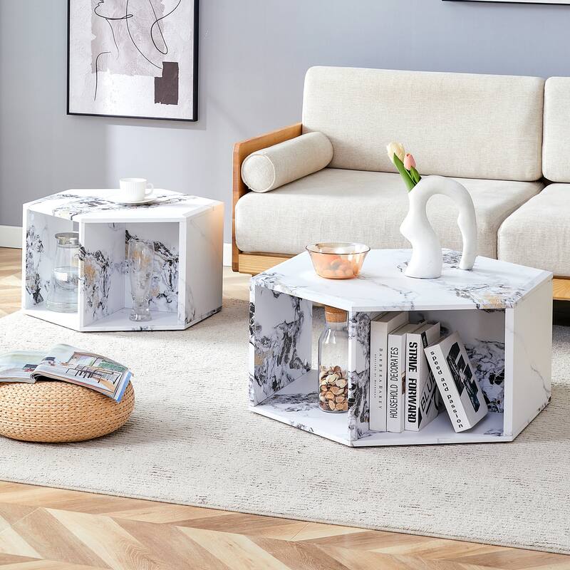 Modern 2-piece Hexagonal Coffee Table Set with Multifunctional Storage Space for Living Room