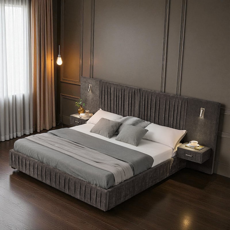 Queen Upholstered Platform Bed with Pleated Chenille Headboard, Built-in Bedside Table & Adjustable Lamps, No Box Spring