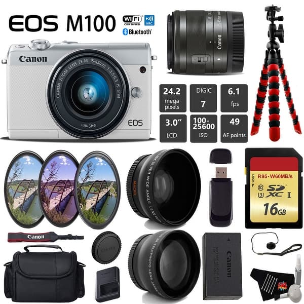 Canon Eos M100 Mirrorless Digital Camera White With 15 45mm Lens Uv Fld Cpl Filter Kit Wide Angle Telephoto Intl Model Overstock Canon Eos M100 Mirrorless Digital Camera White With 15 45mm Lens Uv Fld Cpl Filter Kit Wide Angle Telephoto Intl Model Overstock
