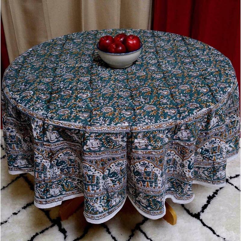 Cotton Hand Block Print Elephant Print Floral Tablecloth Round