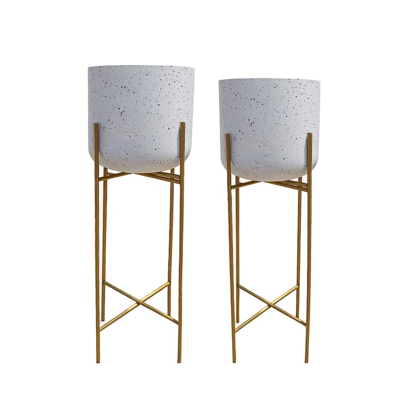 Aira Set of 2 Planters Foldable Metal Stand - White, Gold - L: 10L x 10W x 22H, S: 9.5L x 9.5W x 20H in inches