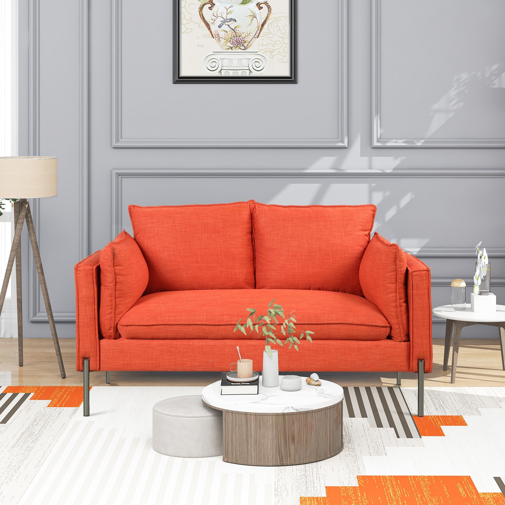 Linen Fabric Loveseat High Resilience Sofa Couch with 2 Bolster