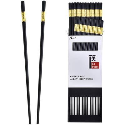 12 Pairs Durable Fiberglass Chopsticks - Non-Slip with Case - Gold