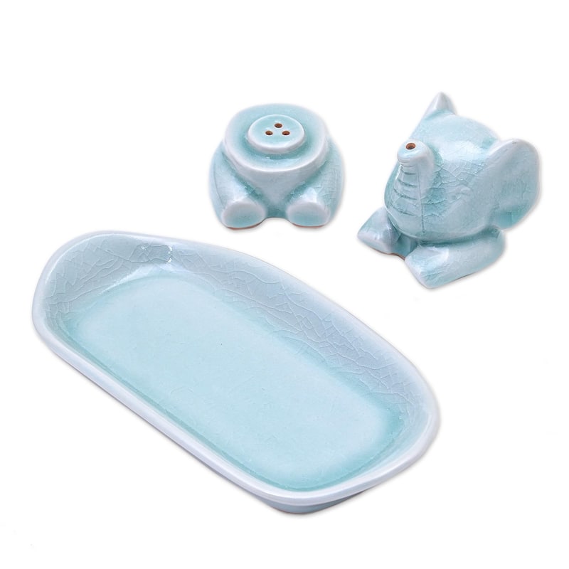 Novica Handmade Magic Elephant In Aqua Salt And Pepper Set (3 Pieces)