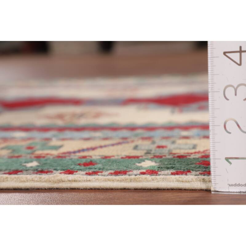 Ivory Geometric Kazak Accent Rug Hand-Knotted Wool Carpet - 3'5" x 5'0"