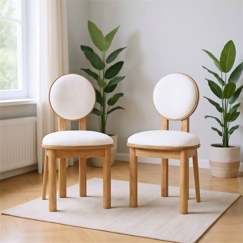 Set of 2 Polyester Beige Fabric Dining Chairs with Wooden Frame