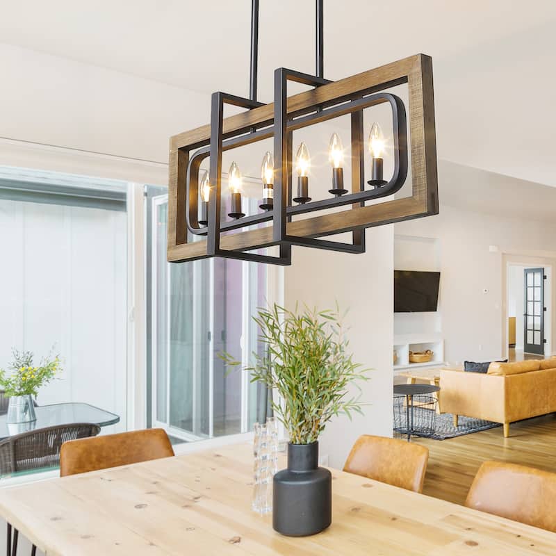 Farmhouse 6-Light Wood Linear Chandelier Island Lights for Dining Kitchen Island - W 31.5"x D 8.7"x H 13.8" - 6 Lights