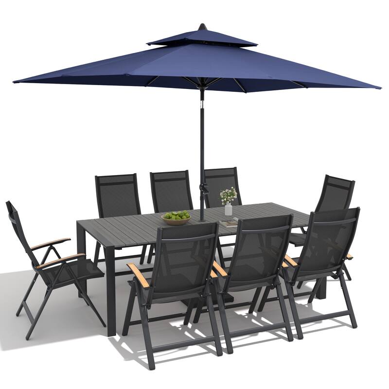 9/11-Piece Outdoor Patio Dining Set Aluminum Dining Table and Chairs w/10 ft Market Umbrella and Base