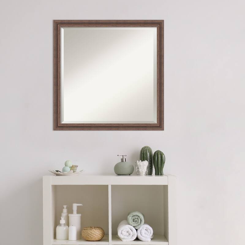 Beveled Wood Bathroom Wall Mirror - Distressed Rustic Brown Frame - Distressed Rustic Brown