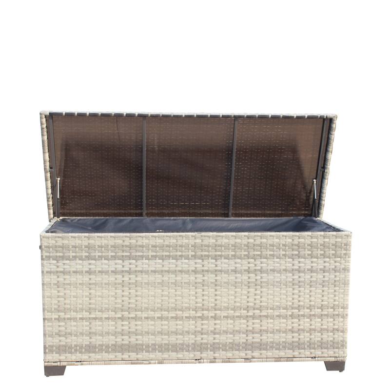 ​​Gray Modern Wicker Storage Box with Zippered Liner, 4 Wooden Legs and Lid for Patio Poolside and Garden
