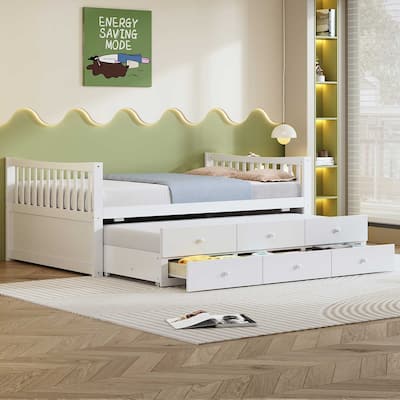Full Size Daybed with Twin Trundle and 3 Drawers Solid Wood White No Box Spring Needed