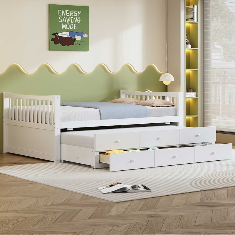 Full Size Daybed with Twin Trundle and Three Storage Drawers Sturdy Design
