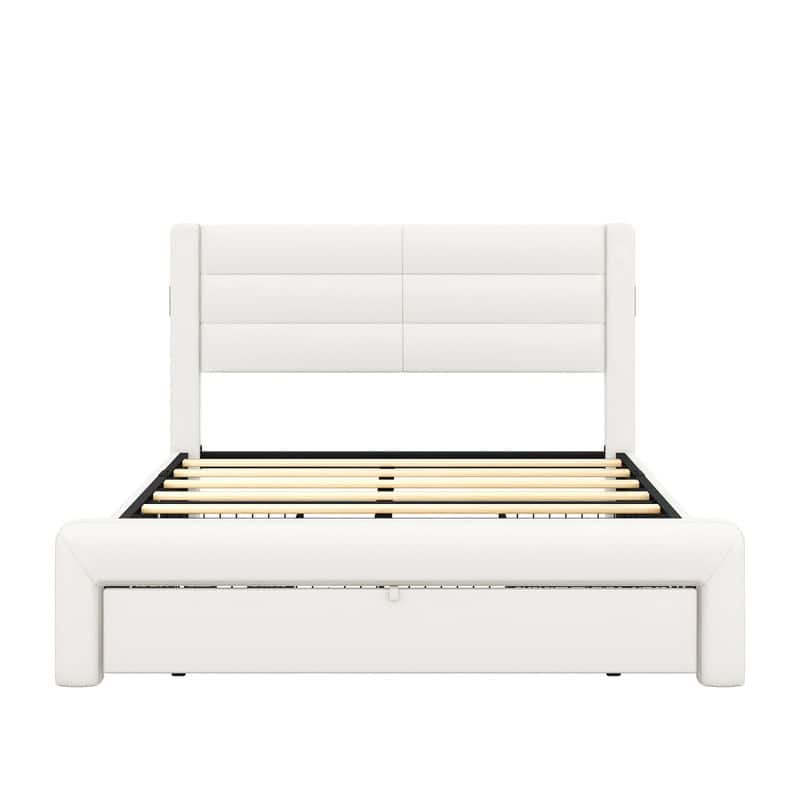 Modern PU Platform Bed, Queen Bed Frame with USB Ports and 3 Storage