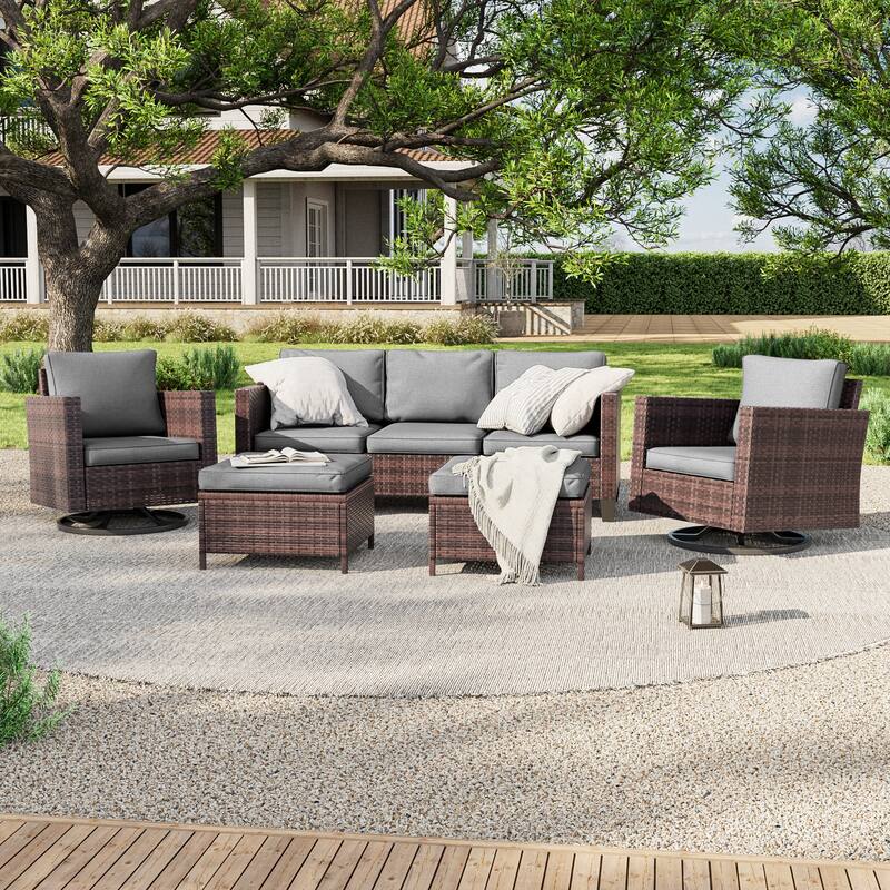 LIVOOSUN 5Pcs Patio Brown Rattan Outdoor Furniture Swivel Rocking Sofa Set - AshGray