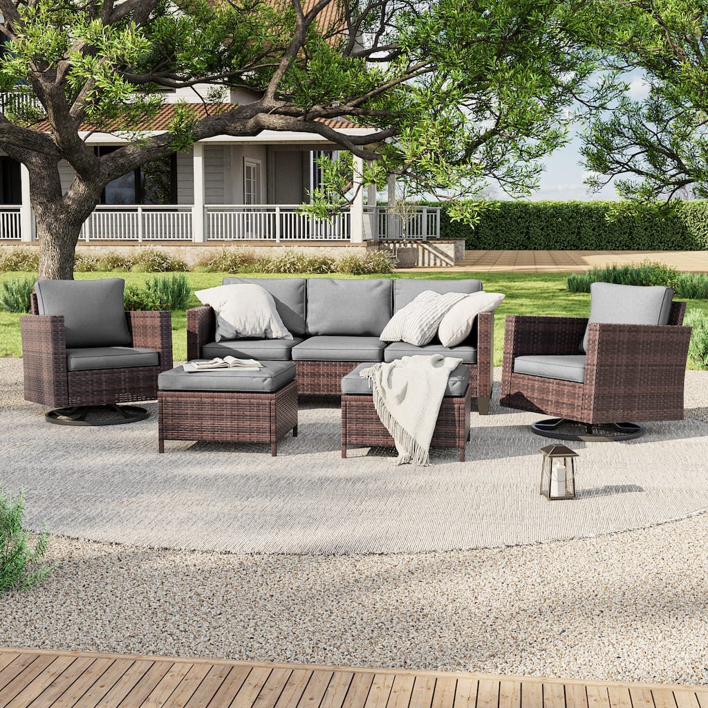 LIVOOSUN 5Pcs Patio Brown Rattan Outdoor Furniture Swivel Rocking Sofa Set