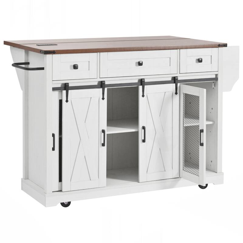 Farmhouse Kitchen Island with Storage, Rolling Kitchen Island on 5 Wheels with Spice Rack - Wine