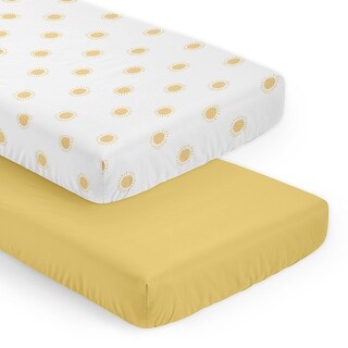 Sweet Jojo Designs White and Yellow Boho Sun Boy, Girl Unisex/Gender Neutral 2 Pack Fitted Crib Sheets -Solid Mustard, Celestial