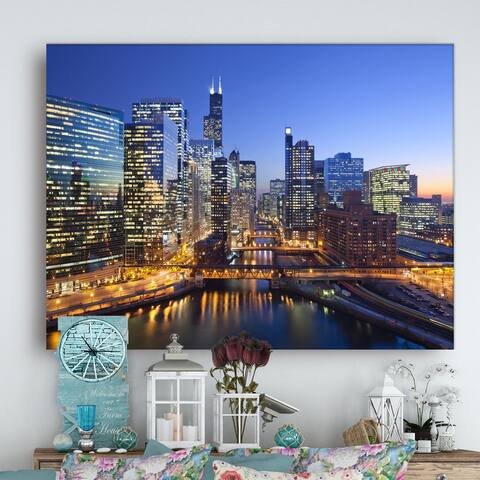 Chicago River with Bridges at Sunset - Cityscape Canvas print - Multi-color