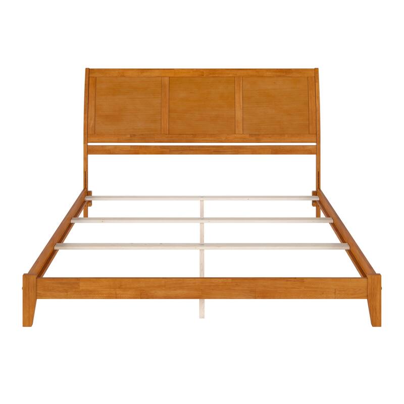 King Bed Frame with Charging Station - Solid Wood Sleigh Headboard, Light Toffee Finish