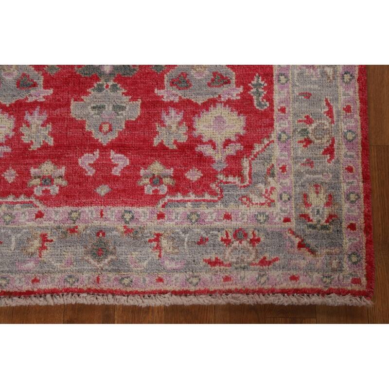 Red Geometric Oushak Turkish Oriental Rug Hand-knotted Wool Carpet - 3'0" x 3'9"