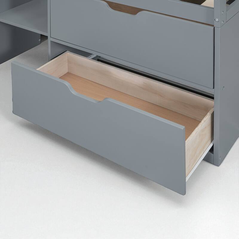 Twin Size Low Loft Bed with Rolling Desk, Storage Drawers and Bookshelf, Pine Wood Frame