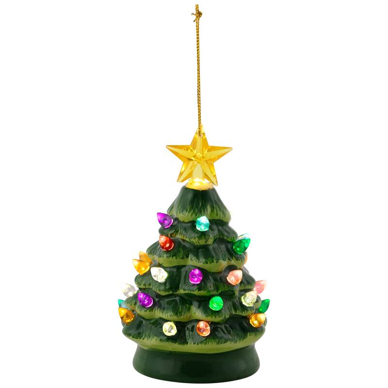 LED Lighted Mini Retro Christmas Tree with Gold Star Ornament - 5.25" - Green