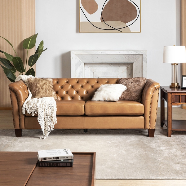 Hulala Home Regina 82.5 inch Tufted Genuine Leather Sofa Couch for Living Room by Camel Men s