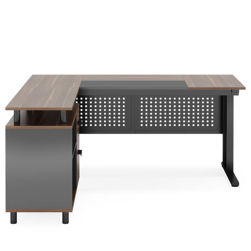63" L-Shaped Executive Desk with File Cabinet in Rustic Brown and Black