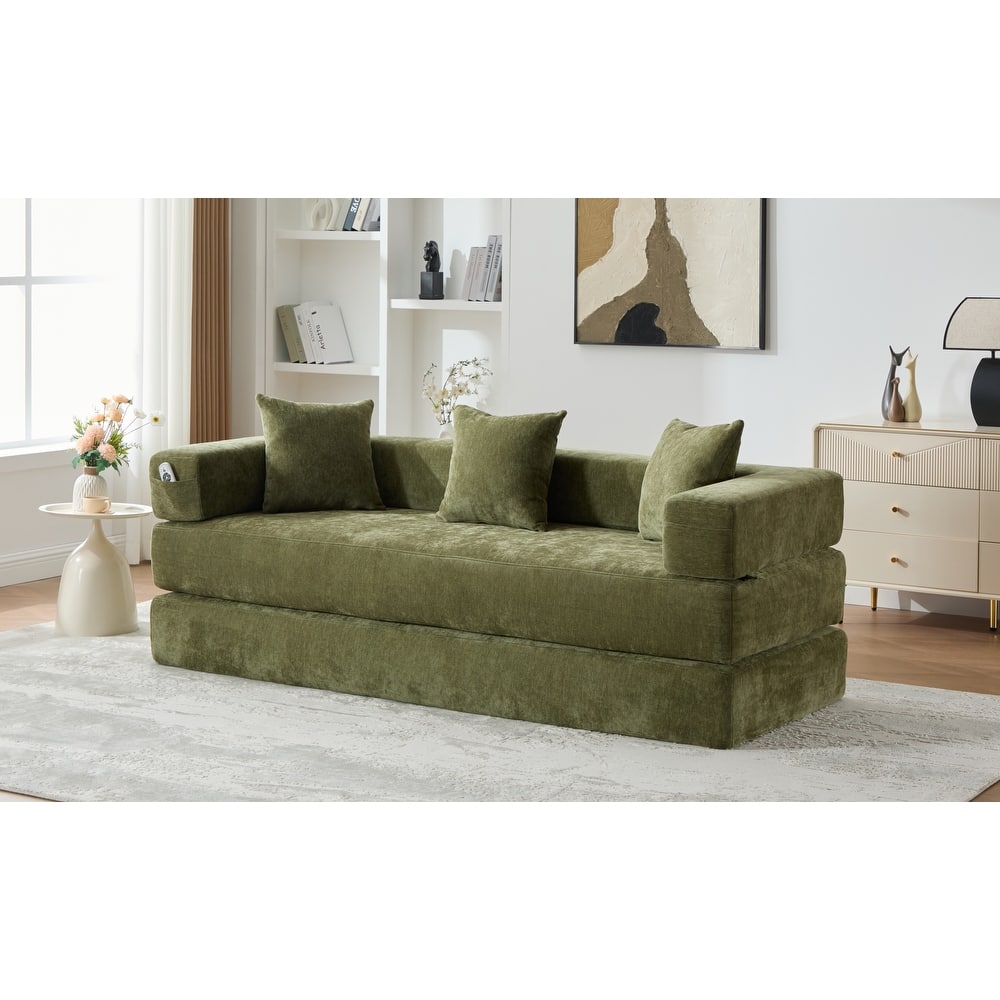 HOMEFUN Chenille Upholstered Convertible Foldable Memory Foam Sleeper Sofa with Pillows for Living Room