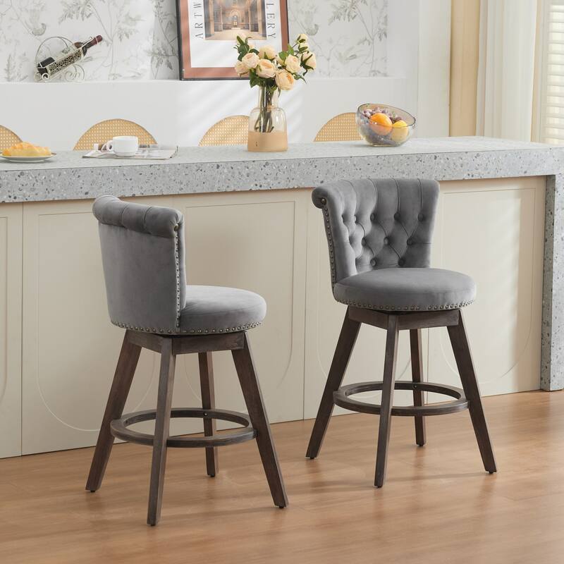 360° Swivel Bar Stools Set of 2 Velvet Upholstered Counter Stools for Kitchen with Tufted Button Back and Nailhead Trim