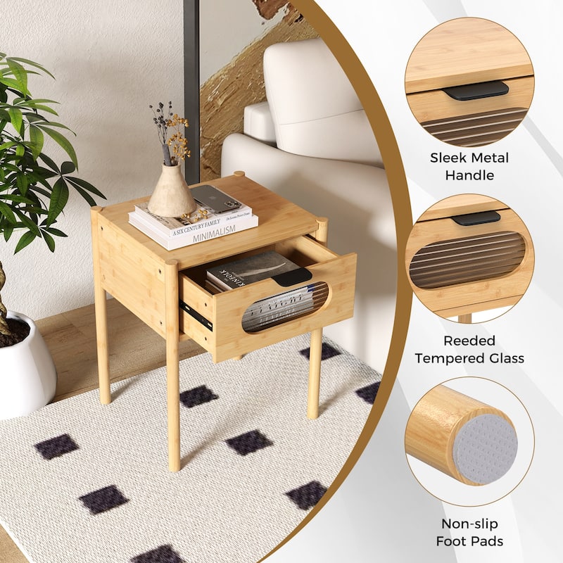 Gymax Bamboo Nightstand Farmhouse Bedside Table w/ Tempered Glass
