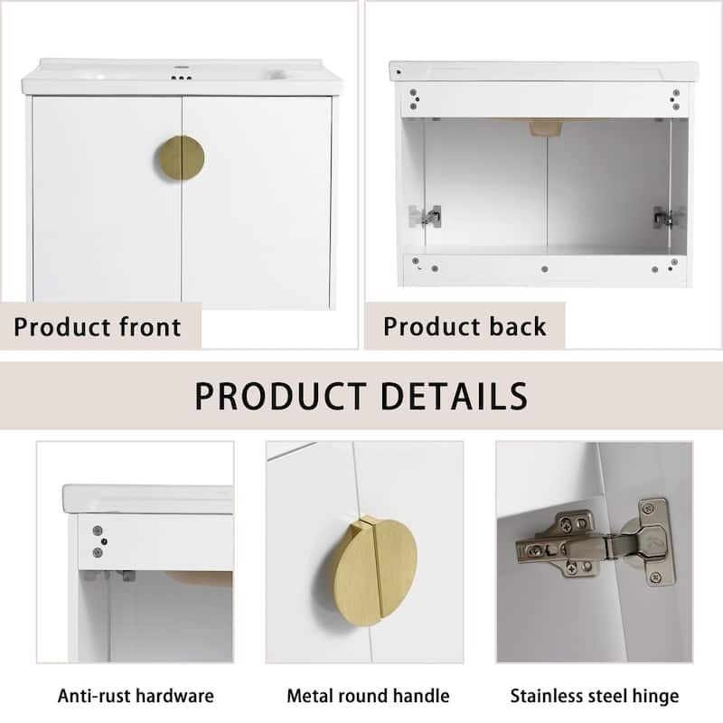 24/28 inch Wall Mounted Bathroom Vanity Set in White with Integrated Ceramic Sink
