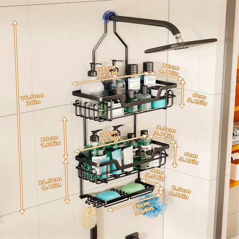 3 Tier Rustproof Hanging Shower Caddy - 4.72"D x 12.2"W x 30"H