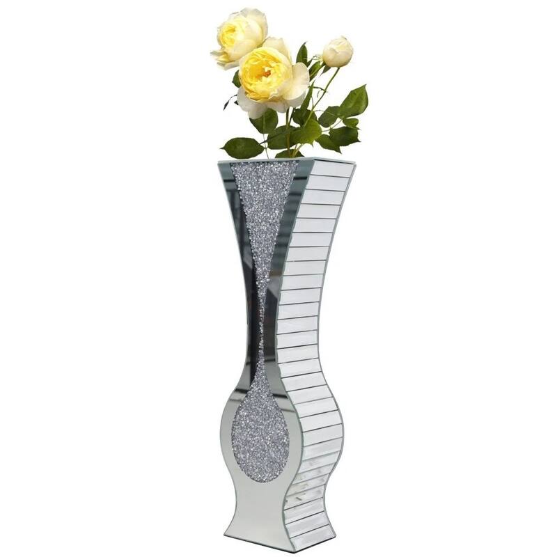 27" Tall Silver Mirrored Floor Vase Glam Crushed Diamond Vases