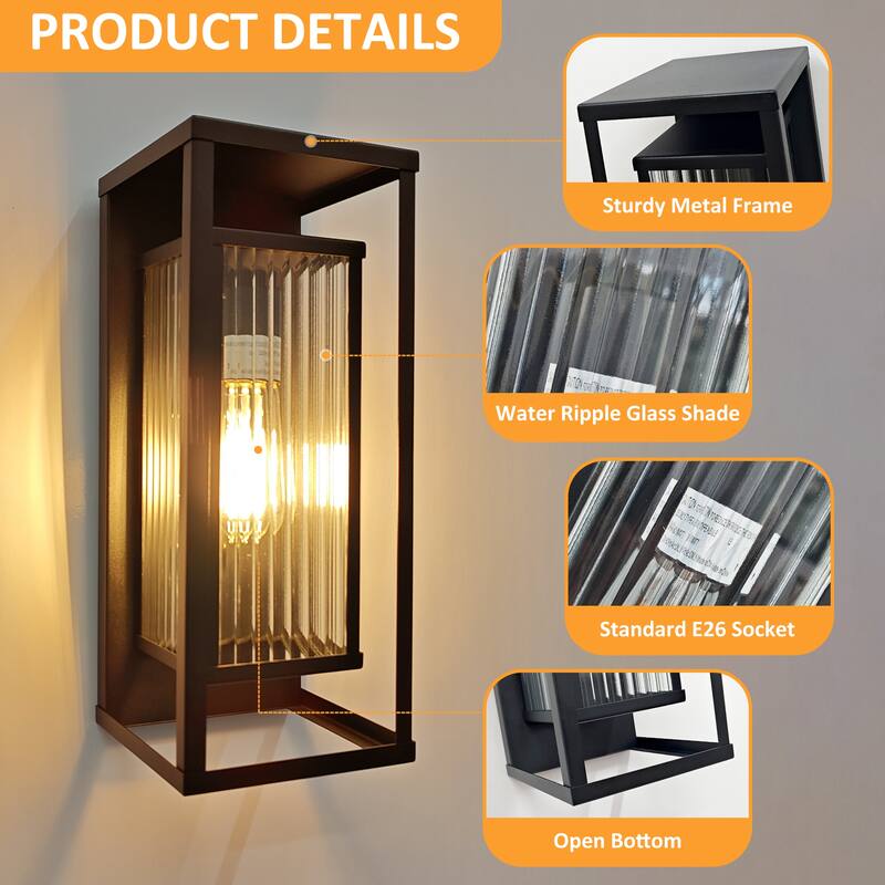 Outdoor Wall Light with Clear Ribbed Glass,Waterproof Exterior Light for Porch/Patio/Garage(2-PACK)